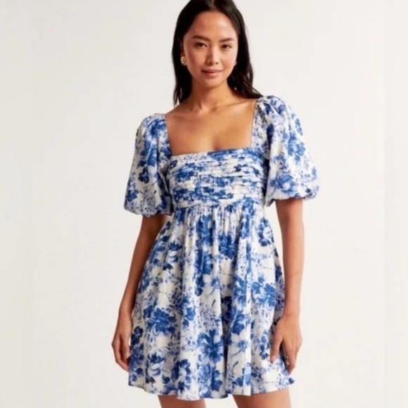 Abercrombie & Fitch Dresses & Skirts - Abercrombie & Fitch Emerson Poplin Puff Sleeve Mini Dress S Blue White Floral